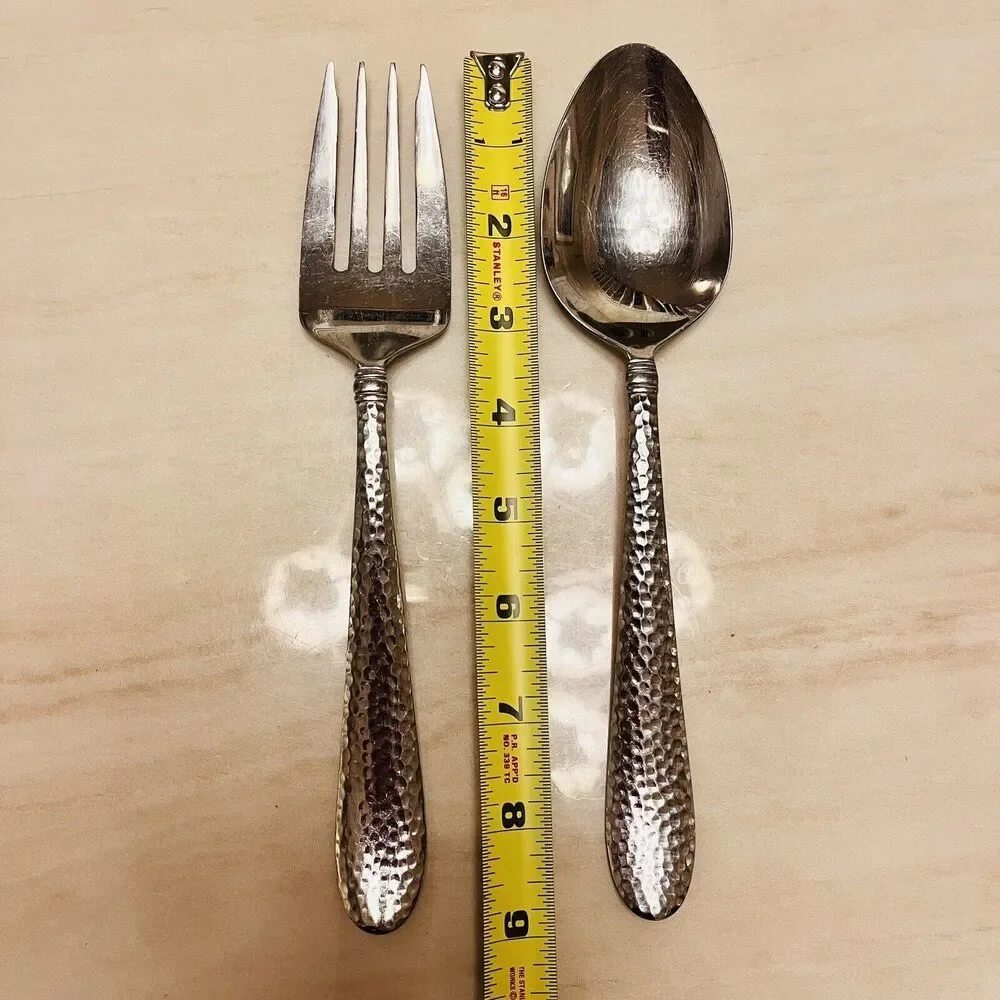 Set Of Towle Logan Hammered Stainless Serving Spoon & Serving Fork 8 3/4